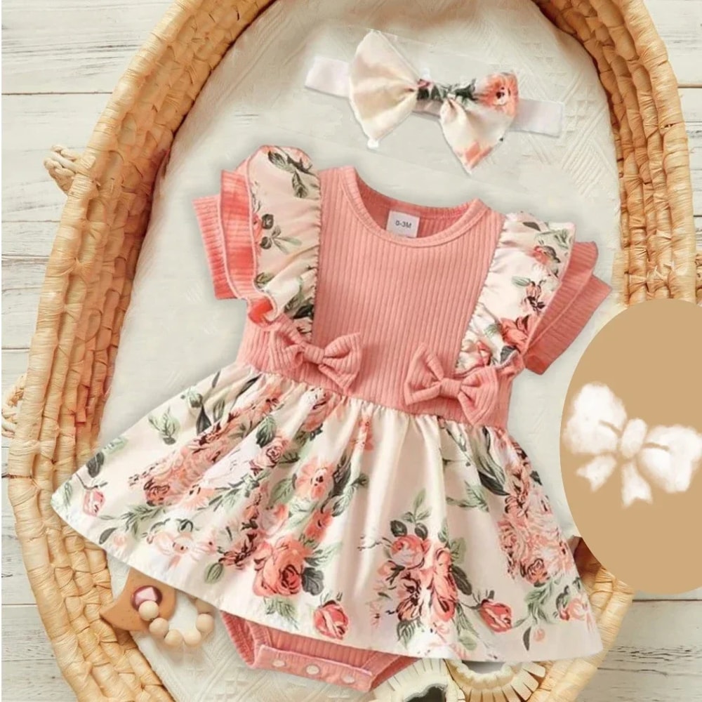 Striped Jumpsuit Summer Dress With Bowknot Headband Cotton Dress For Crawling Clothes Floral Clothe 0