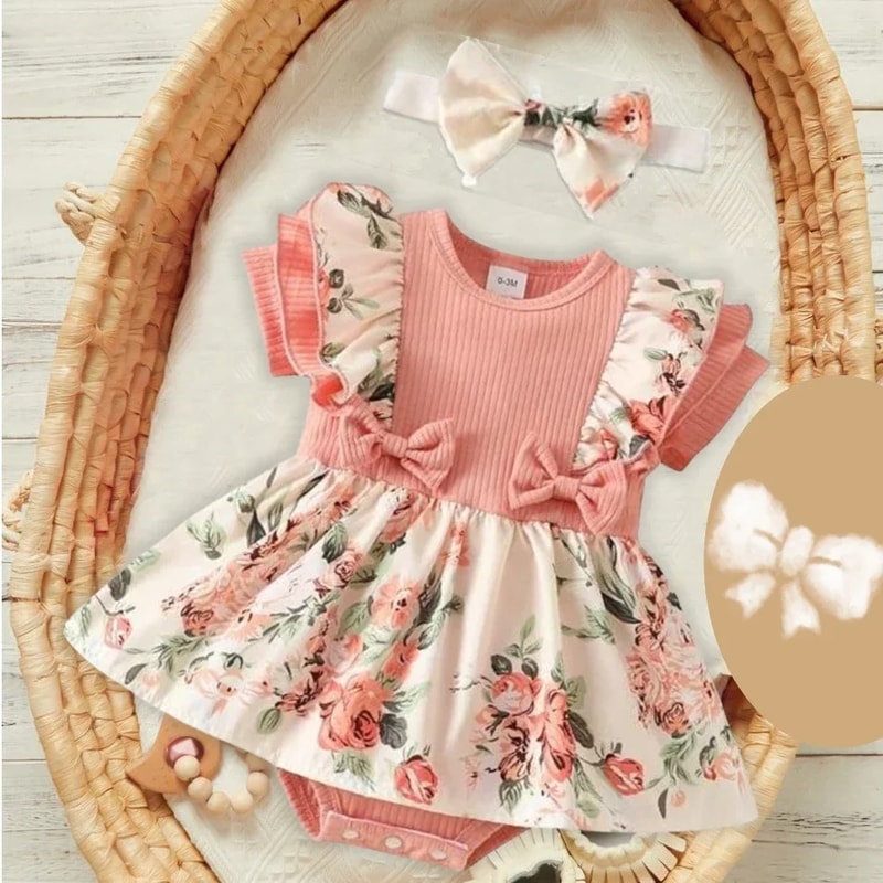 Striped Jumpsuit Summer Dress With Bowknot Headband Cotton Dress For Crawling Clothes Floral Clothe 0