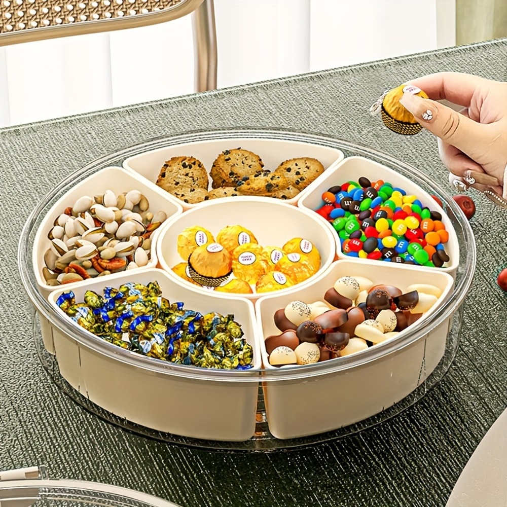 Divided Rotating Serving Tray With Lid And Handle Portable Snackle Box For Fruits Snacks Veggie Cha 1