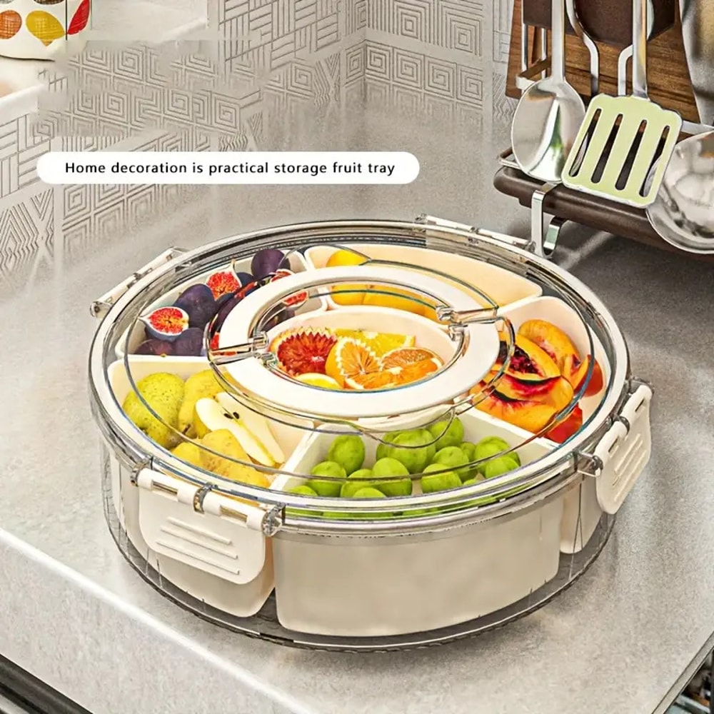 Divided Rotating Serving Tray With Lid And Handle Portable Snackle Box For Fruits Snacks Veggie Cha 2
