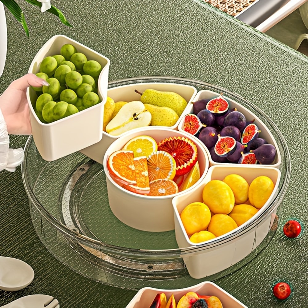 Divided Rotating Serving Tray With Lid And Handle Portable Snackle Box For Fruits Snacks Veggie Cha 3