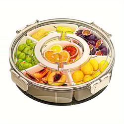 divided rotating serving tray with lid and handle, portable snackle box for fruits snacks veggie charcuterie, kitchen organizer