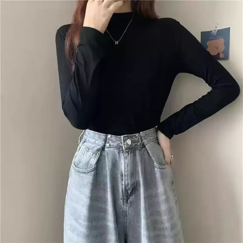 Cozy Slim Fit Women Half Turtleneck Long Sleeve Top Elegant Korean Casual Style For Autumn Winter W 3