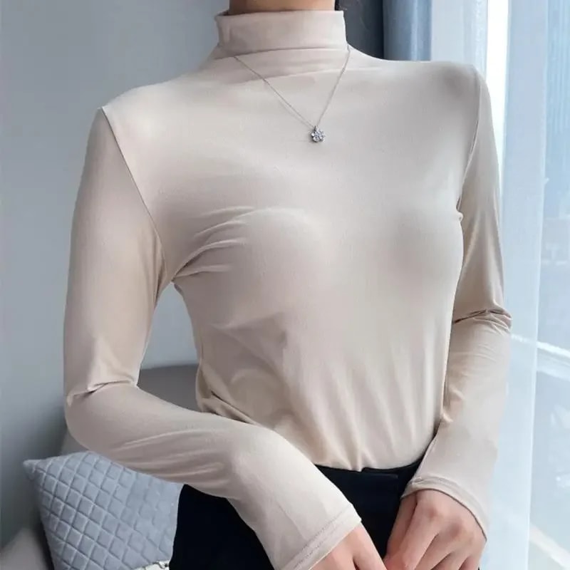 Cozy Slim Fit Women Half Turtleneck Long Sleeve Top Elegant Korean Casual Style For Autumn Winter W 7