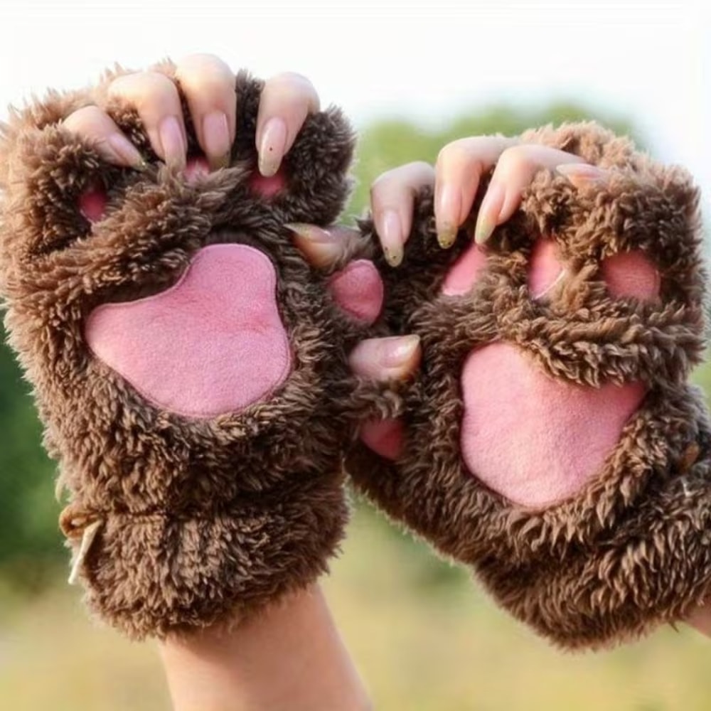 Fingerless Gloves With Bear Cat Design Plush Animal Paw Gloves For Casual Winter Streetwear And The 0