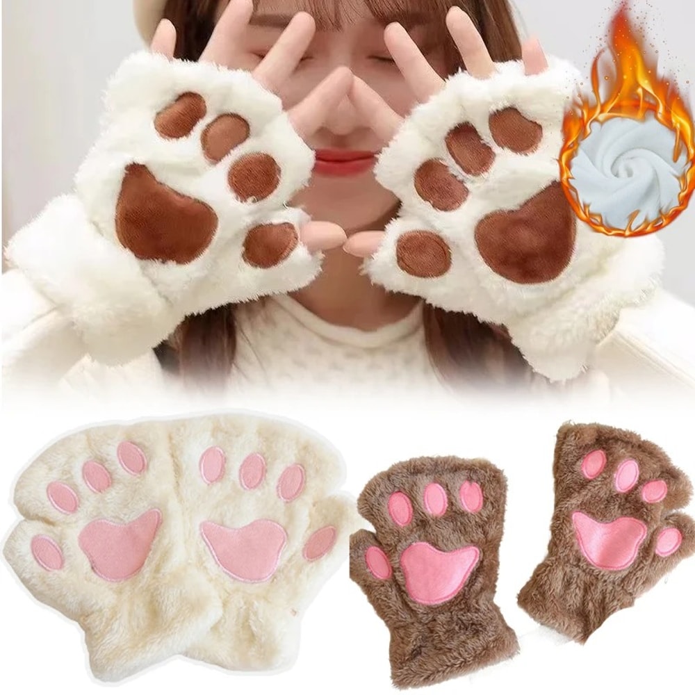 Fingerless Gloves With Bear Cat Design Plush Animal Paw Gloves For Casual Winter Streetwear And The 2