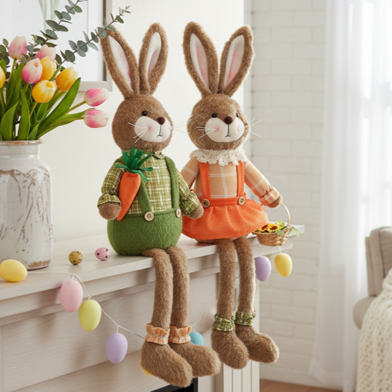 Creative Handmade Bunny Figurine Unique Fabric Rabbit Ornament for Mantel Shelf Home Accent Gift