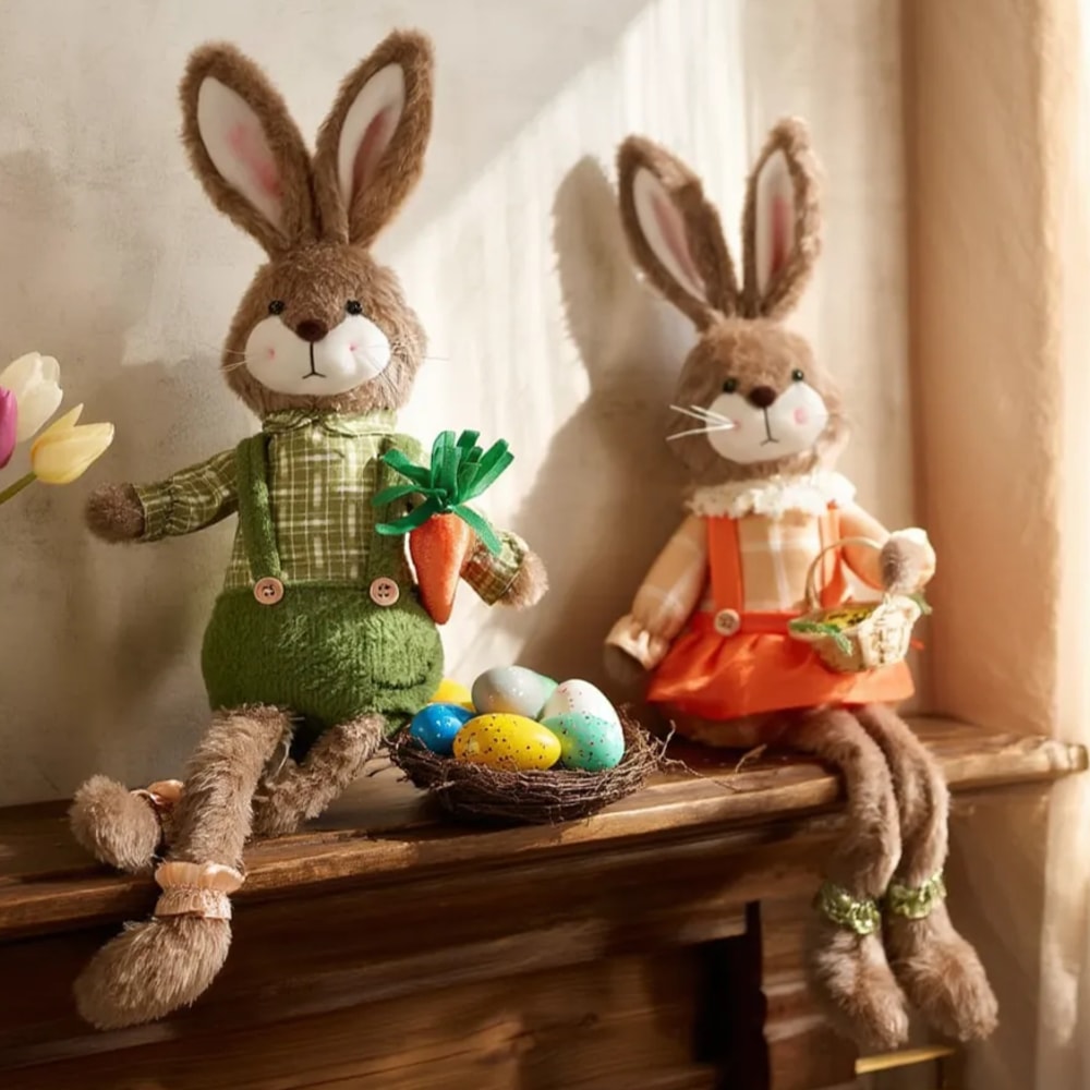 Creative Handmade Bunny Figurine Unique Fabric Rabbit Ornament for Mantel Shelf Home Accent Gift