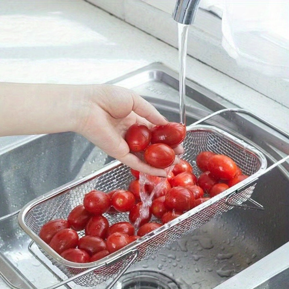 Over Sink Stainless Steel Colander Telescopic Handle Metal Mesh Strainer Basket For Fruits And Vege 3