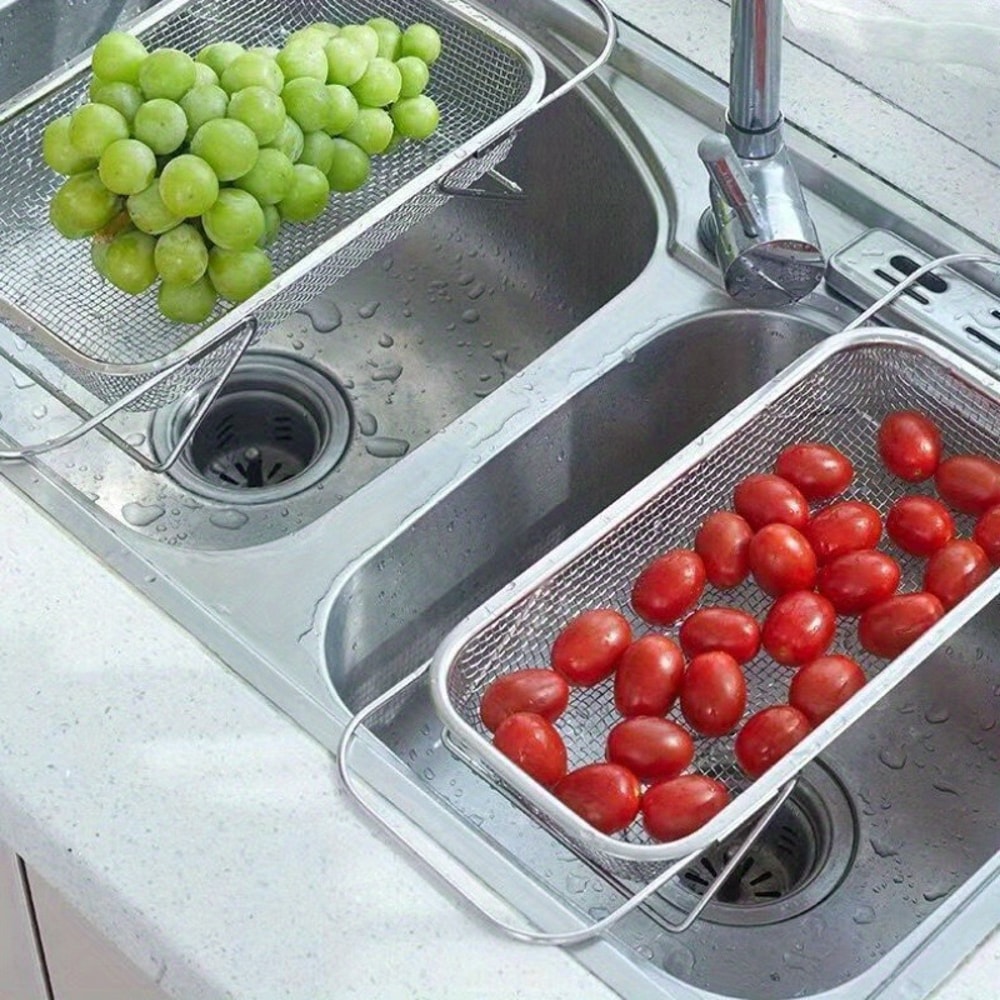 Over Sink Stainless Steel Colander Telescopic Handle Metal Mesh Strainer Basket For Fruits And Vege 4
