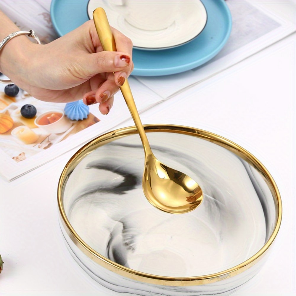 Elegant Golden Stainless Steel Large Spoons With Long Handles For Soup Hot Pot Porridge 3
