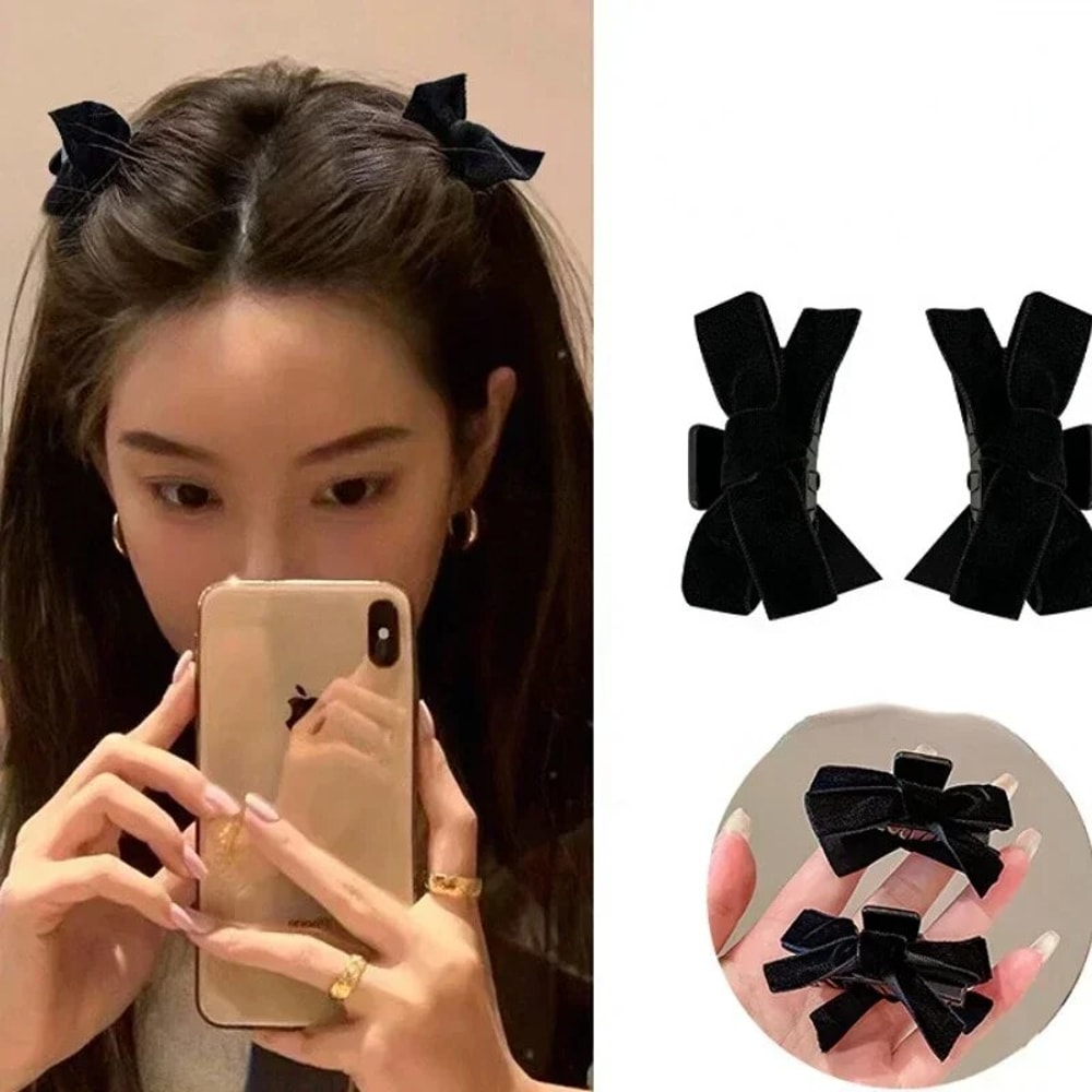 Elegant Black Velvet Bow Hair Clip Set For Women Princess Style Grab Clips 0
