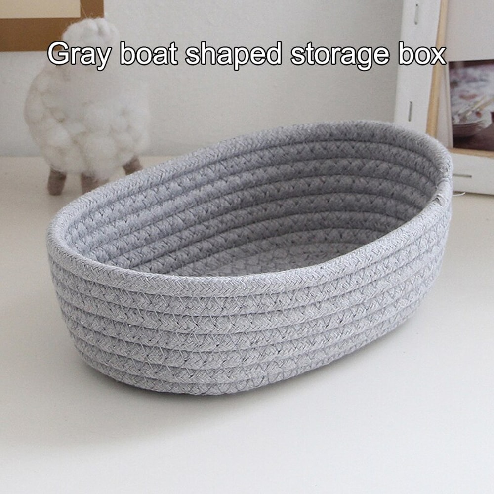Hand Woven Cotton Thread Storage Basket BoatShaped Storage Box For Toys Cosmetics Office And Statio 3