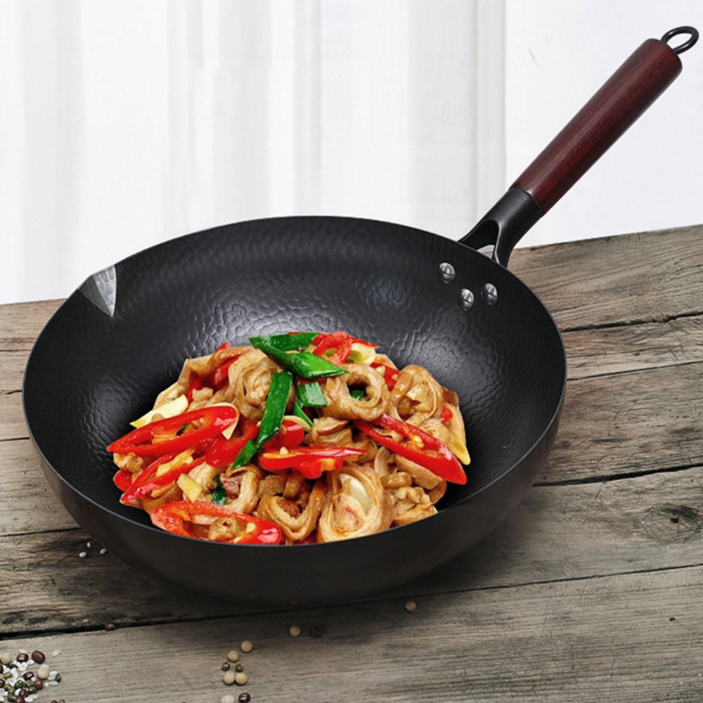 Pure Iron Wok Pan, Non-Coated Cast Iron for Gas and Induction Cooker Chinese Wok Cookware