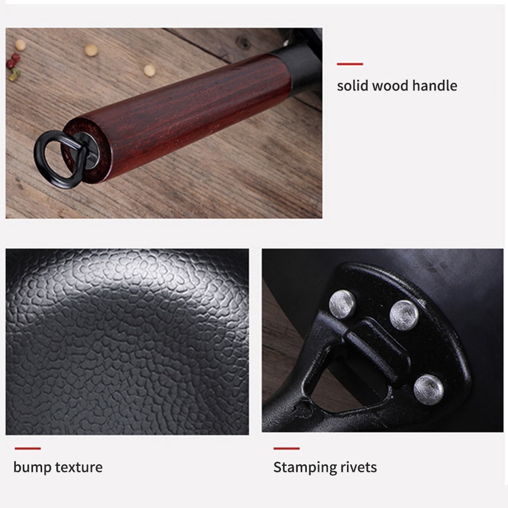 Pure Iron Wok Pan, Non-Coated Cast Iron for Gas and Induction Cooker Chinese Wok Cookware