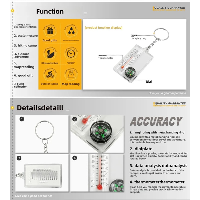 Compass And Thermometer Keychain Outdoor Survival MultiTool With Pocket Size Design For Hiking Adv 3