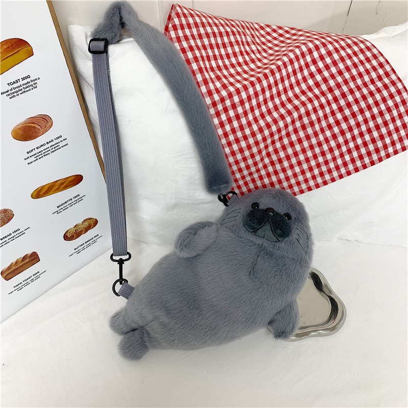 Cute Grey Seal Plush Handbag Adorable Sea Animal Makeup Bag Crossbody For Women Birthday Gift 4