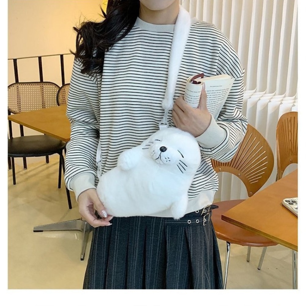 Cute Grey Seal Plush Handbag Adorable Sea Animal Makeup Bag Crossbody For Women Birthday Gift 2