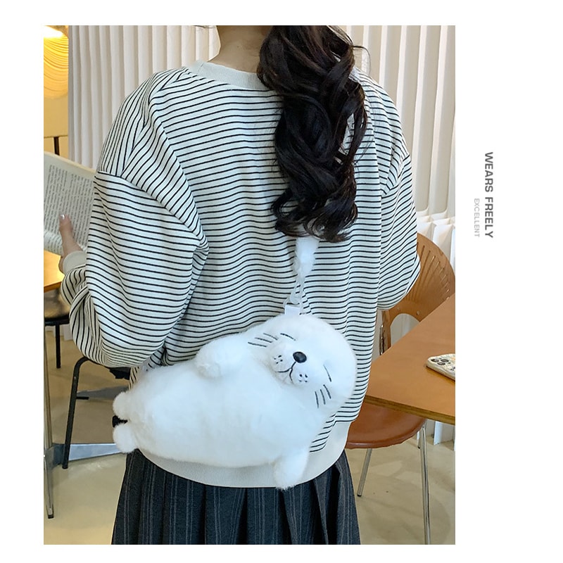 Cute Grey Seal Plush Handbag Adorable Sea Animal Makeup Bag Crossbody For Women Birthday Gift 5