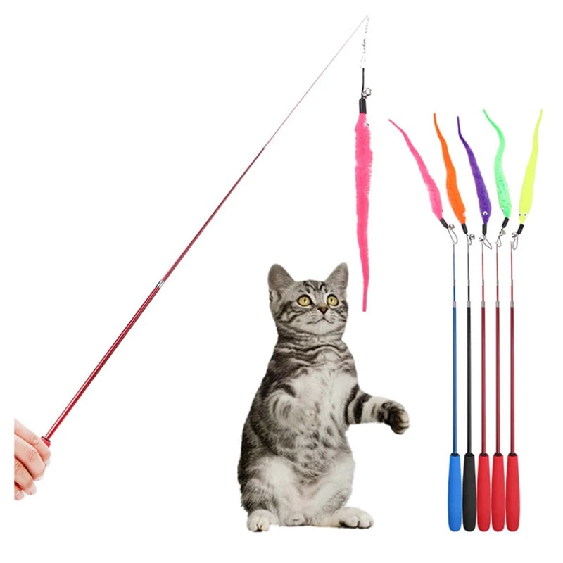 Colorful Cat Teaser Wand Rod Chase Toys Interactive Plush Worm Replacement Refills for Pet Play