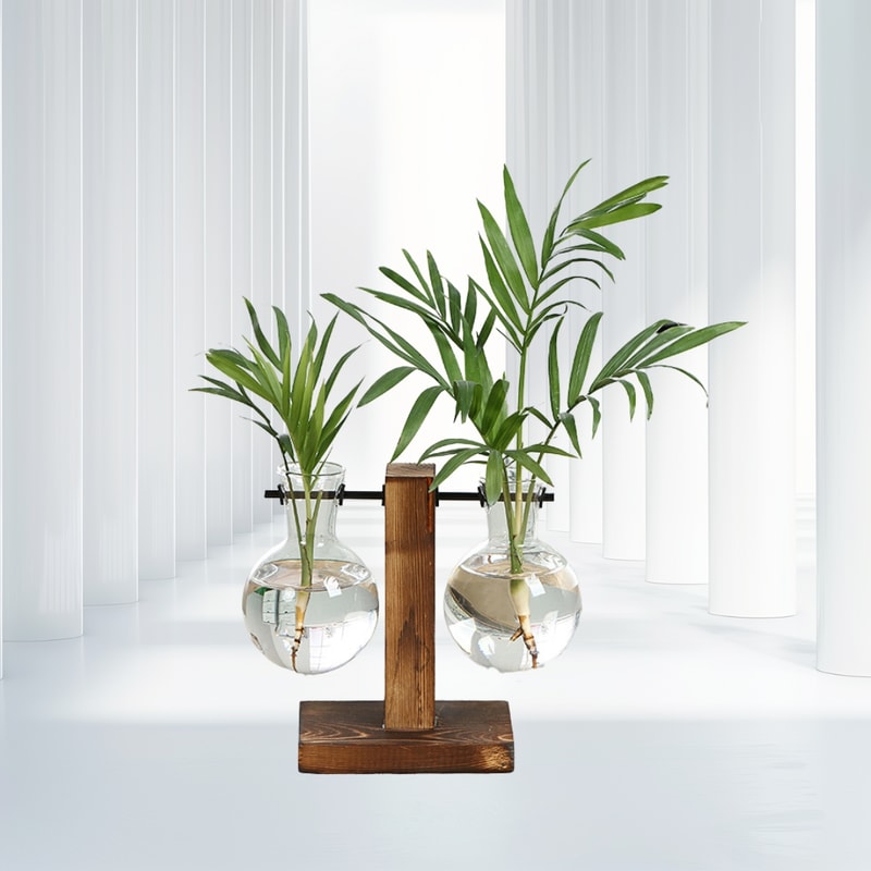 Wooden Frame Hydroponic Plant Vase Stylish Desktop Green Plant Holder Small Glass Flower Arrangemen 0