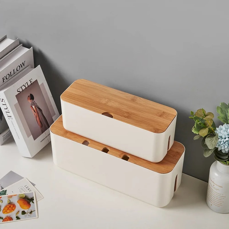 Bamboo Cable Management Box Eco Friendly Wire Storage Organizer For Desk Computer 3