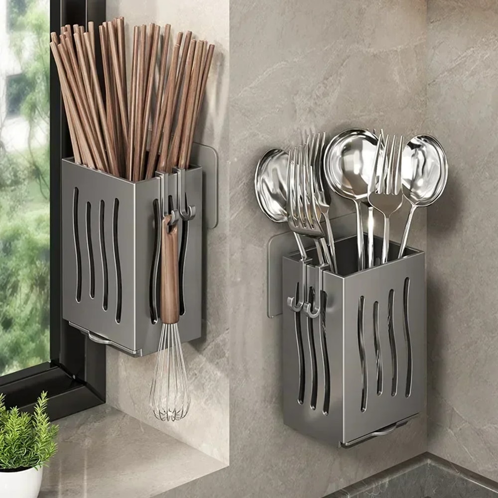 Multifunctional Kitchen Utensil Rack WallMounted Or Freestanding Plastic Cutlery Storage With Drain 2