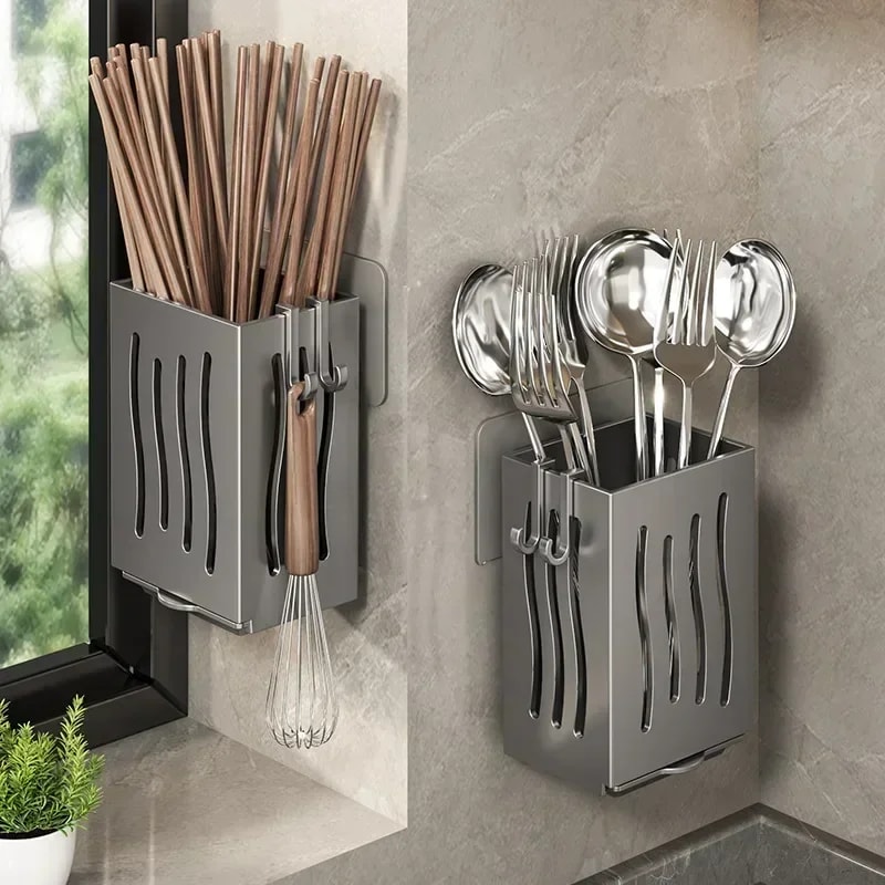 Multifunctional Kitchen Utensil Rack WallMounted Or Freestanding Plastic Cutlery Storage With Drain 2