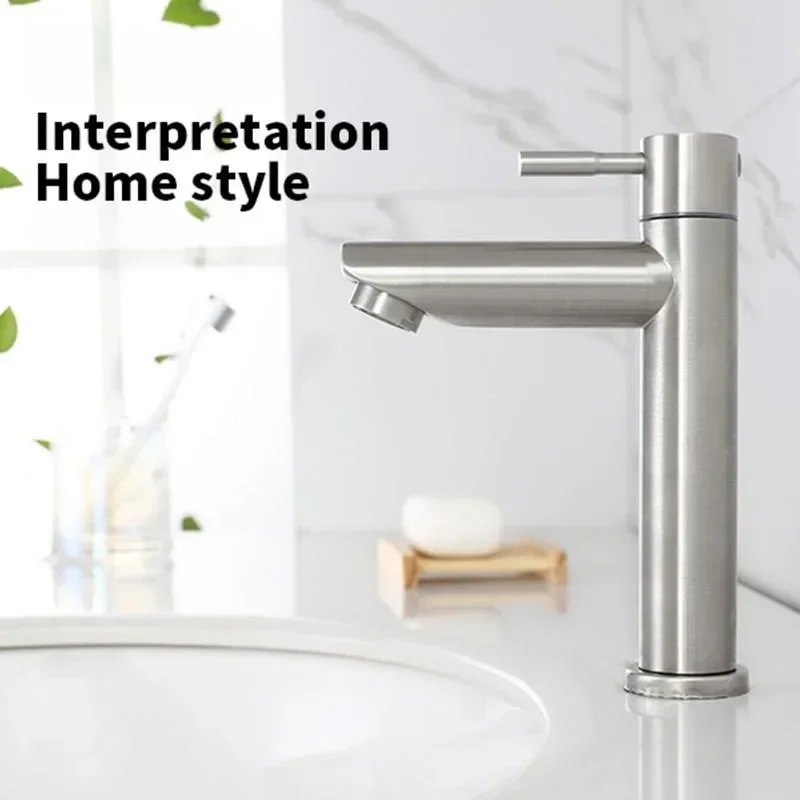 Stainless Steel Basin Faucet Modern Single Cold Water Tap in Black Silver Color Deck Mounted, Lengthened & Raised.