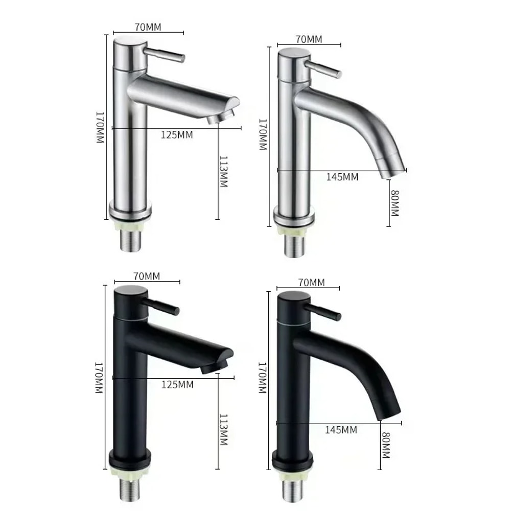 Stainless Steel Basin Faucet Modern Single Cold Water Tap in Black Silver Color Deck Mounted, Lengthened & Raised.