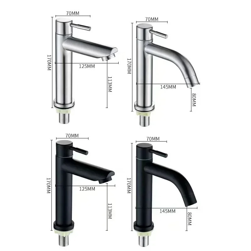 Stainless Steel Basin Faucet Modern Single Cold Water Tap in Black Silver Color Deck Mounted, Lengthened & Raised.