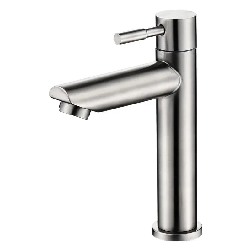 Stainless Steel Basin Faucet Modern Single Cold Water Tap in Black Silver Color Deck Mounted, Lengthened & Raised.