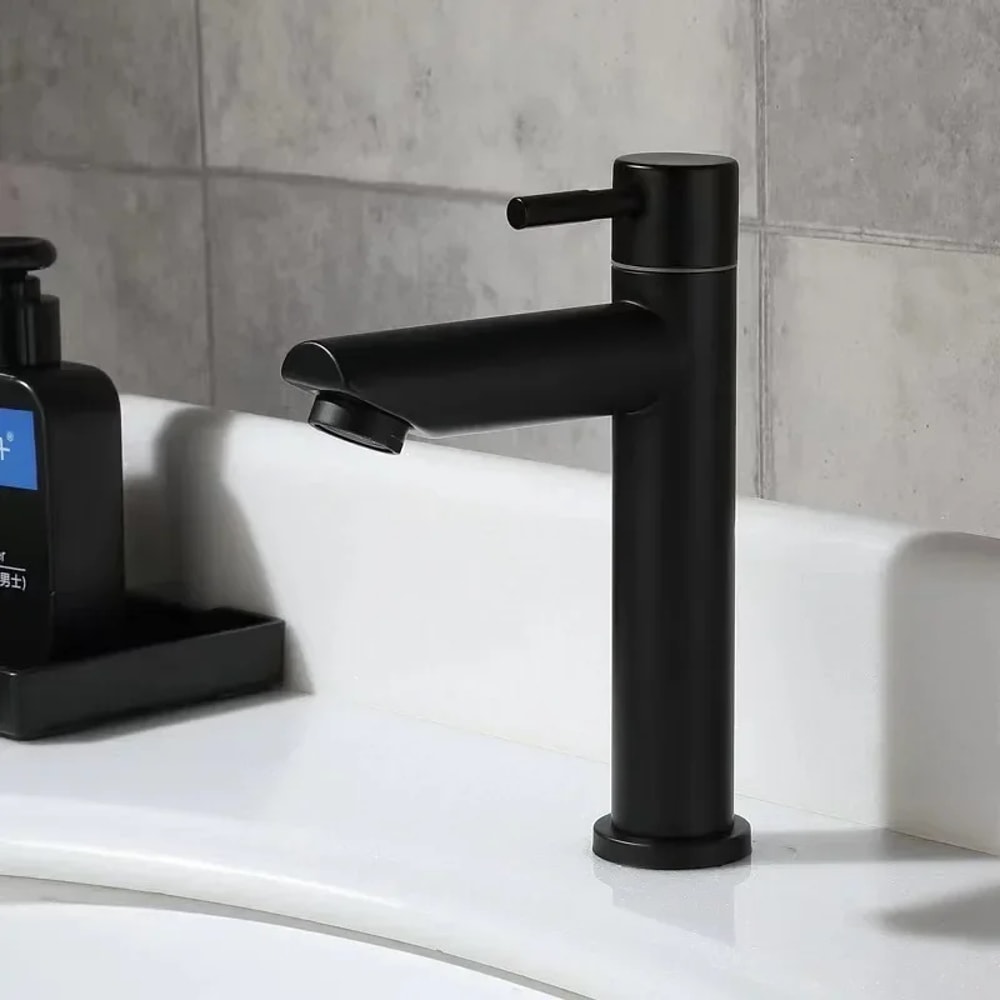 Stainless Steel Basin Faucet Modern Single Cold Water Tap in Black Silver Color Deck Mounted, Lengthened & Raised.