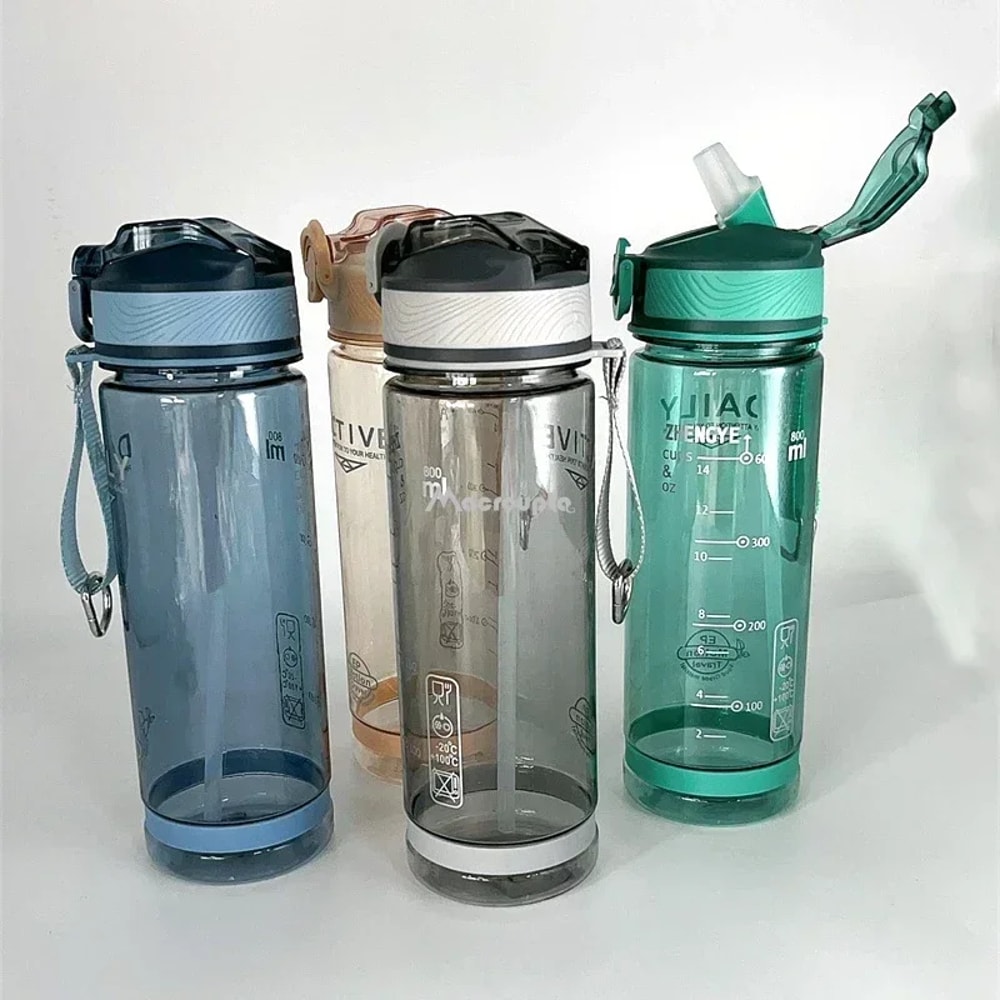 Sports Water Bottle with Straw BPA Free Transparent Plastic Drinkware for Camping, Hiking, and Outdoor Activities