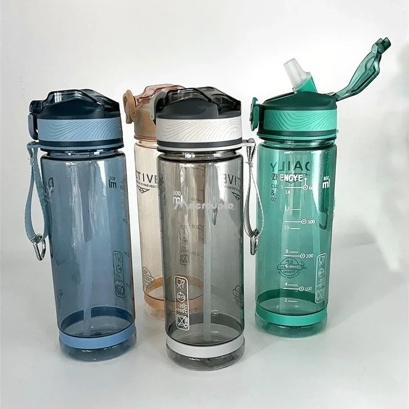 Sports Water Bottle with Straw BPA Free Transparent Plastic Drinkware for Camping, Hiking, and Outdoor Activities