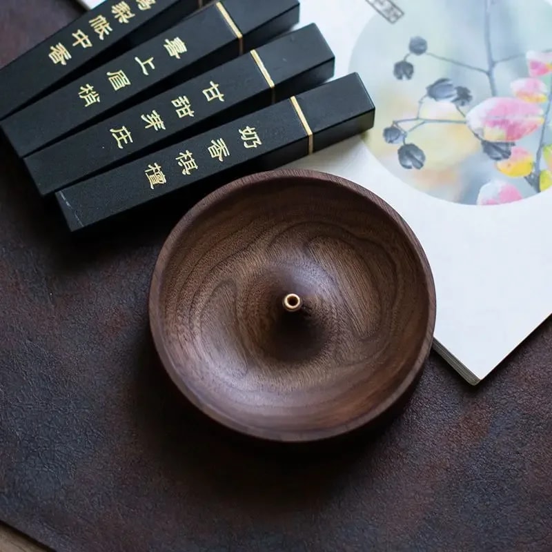 Handmade Black Walnut Wood Incense Stick Holder Round Tea Ceremony Agarwood Tray For Home Decor 3