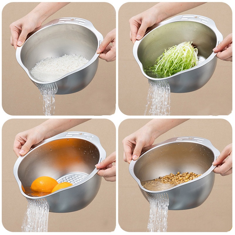 Stainless Steel Rice Washer Strainer Bowl Ideal for Washing Fruits, Vegetables & Grains