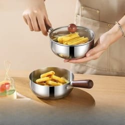 stainless steel saucepan with glass lid & wooden handle multipurpose cooking pot for frying, sauteing & serving food