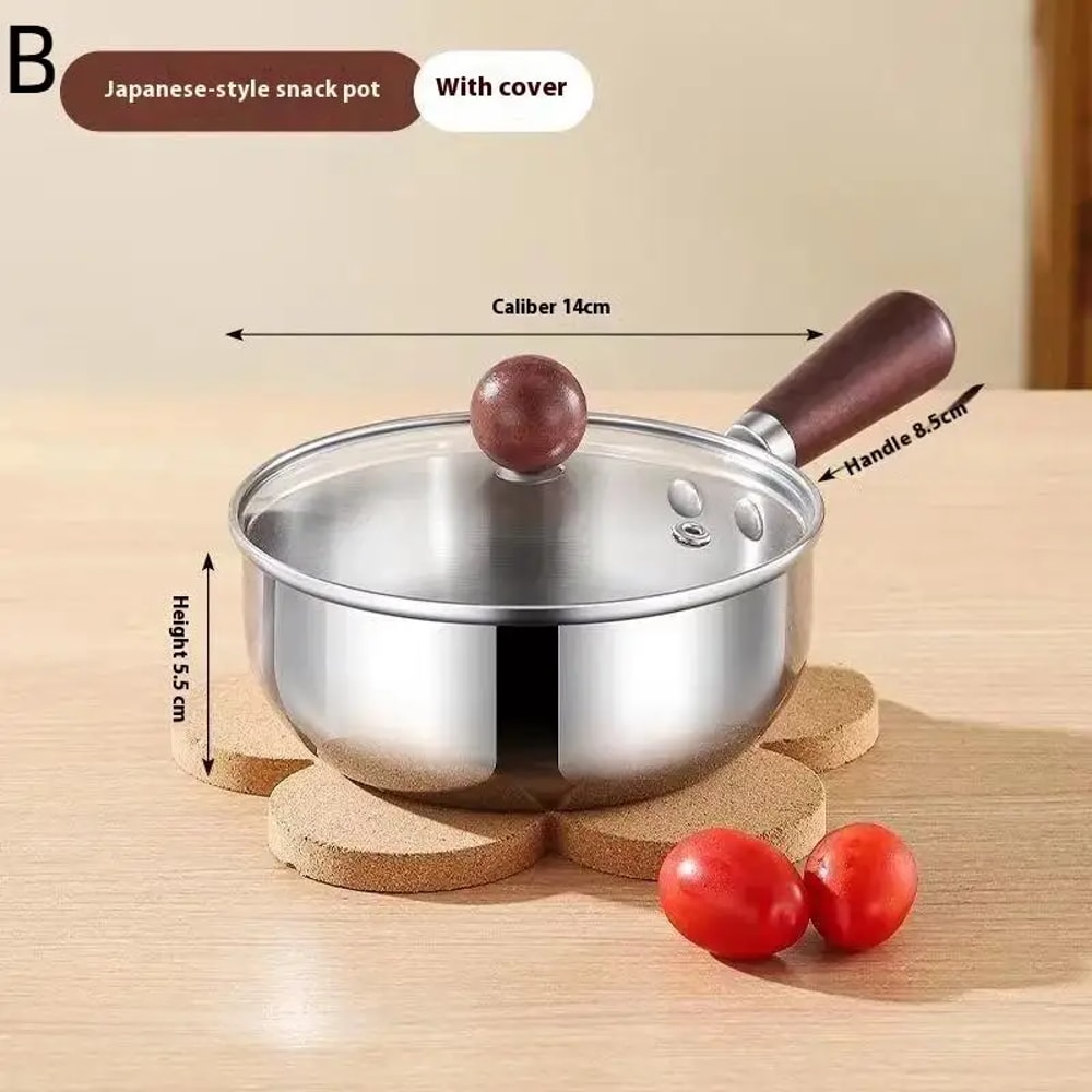 Stainless Steel Saucepan with Glass Lid & Wooden Handle Multipurpose Cooking Pot for Frying, Sauteing & Serving Food