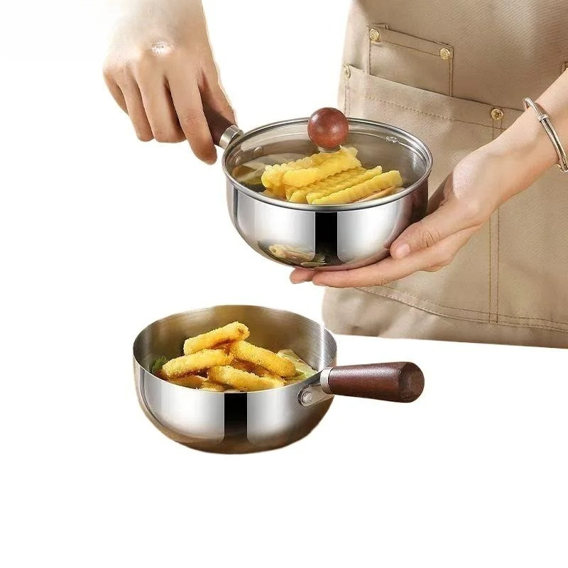 Stainless Steel Saucepan with Glass Lid & Wooden Handle Multipurpose Cooking Pot for Frying, Sauteing & Serving Food