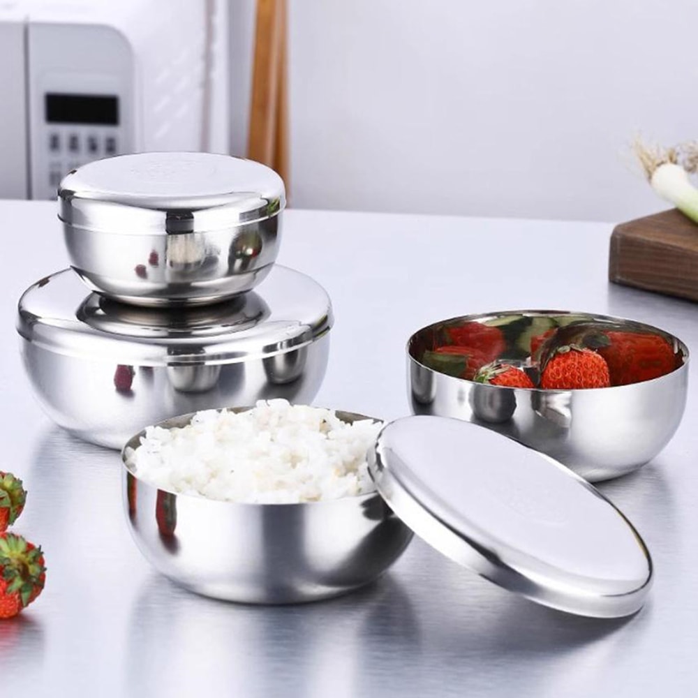 Single Layer Anti Scalding Stainless Steel Rice Bowl With Cover Ideal For Children And Family Meals 0