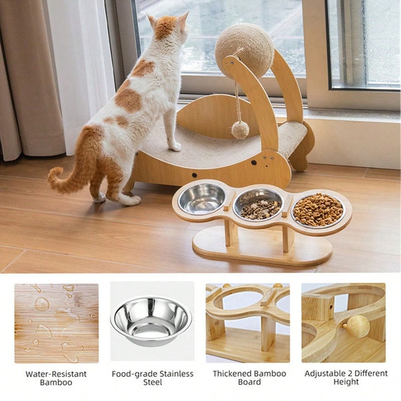 Raised Cat Feeder Stainless Steel Bowls With Wooden Stand Tilt For Comfortable Feeding 2