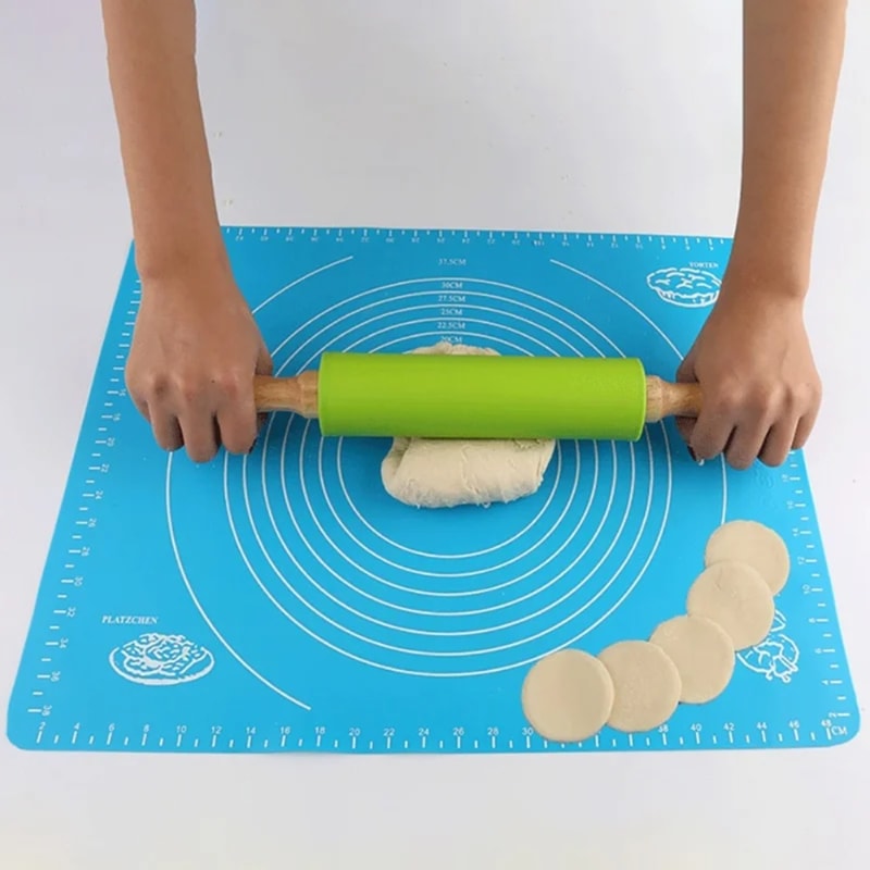 Non-Stick Silicone Rolling Pin with Wooden Handle for Baking and Dough Rolling