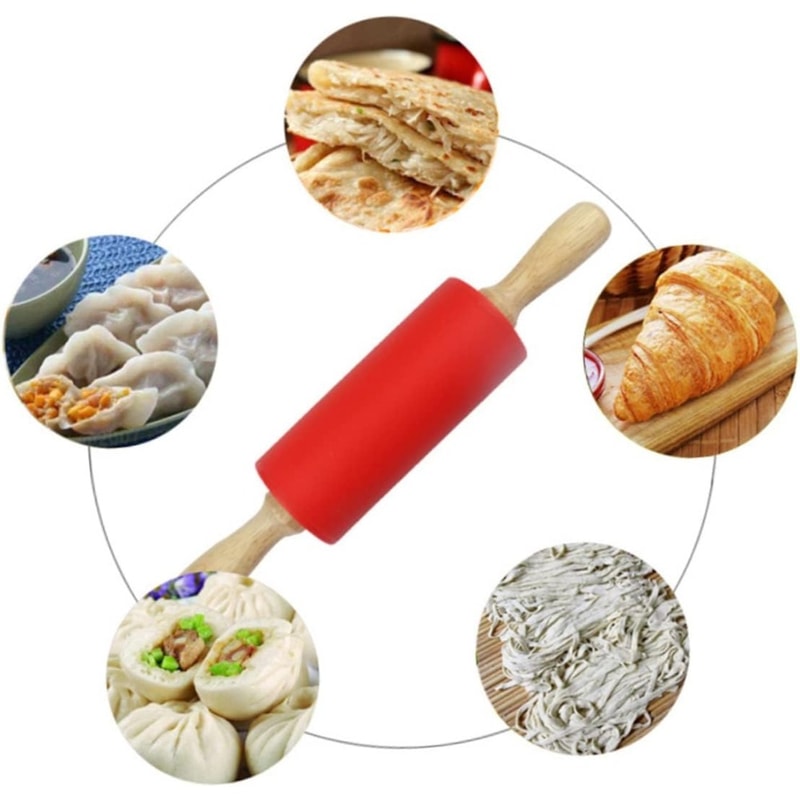 Non-Stick Silicone Rolling Pin with Wooden Handle for Baking and Dough Rolling
