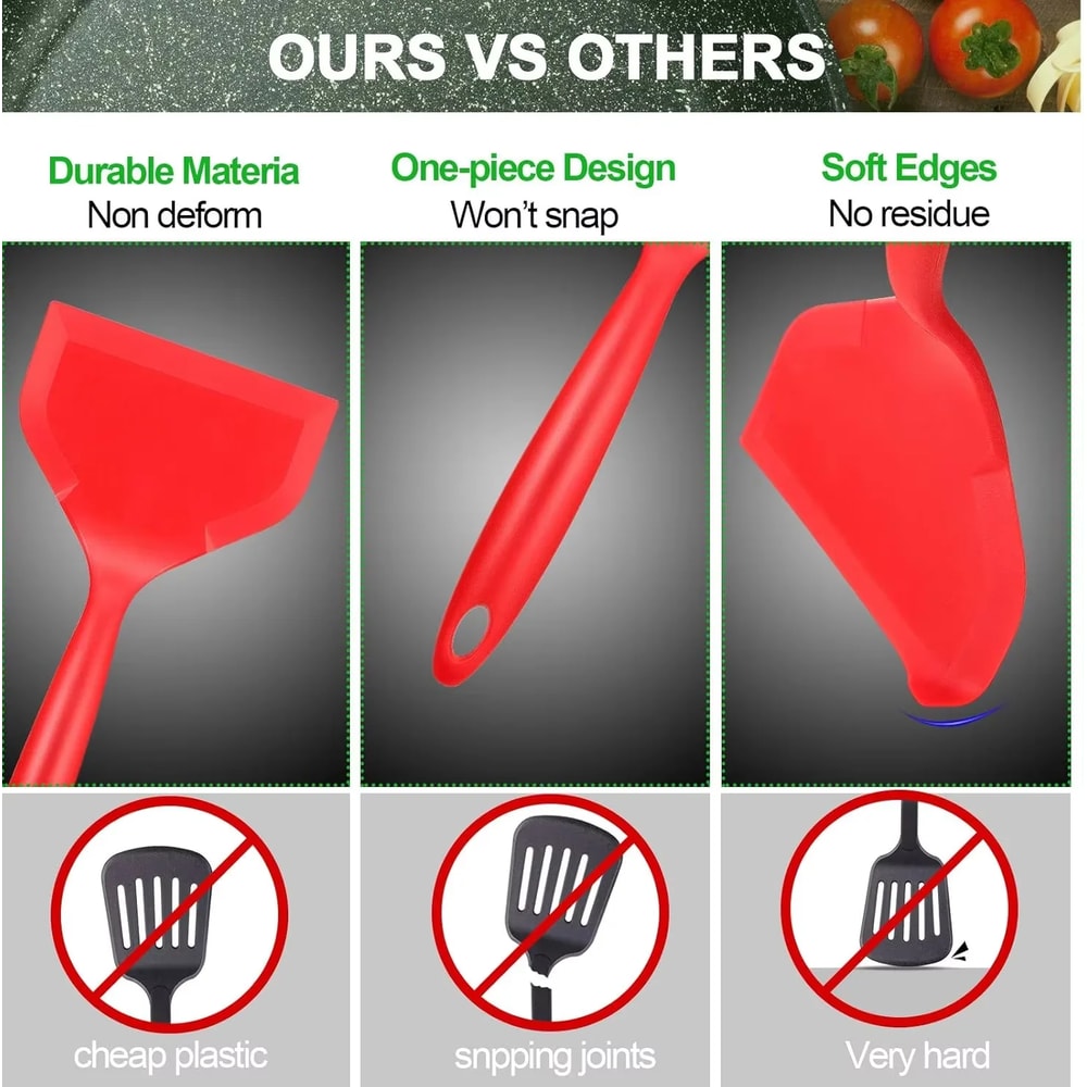 Wide Silicone Spatula Turner for Nonstick Cookware Flexible Fish & Egg Turner with Heat-Resistant Handle