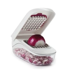 vegetable chopper with storage container easy pour onion & fruit dicer with stainless steel blades