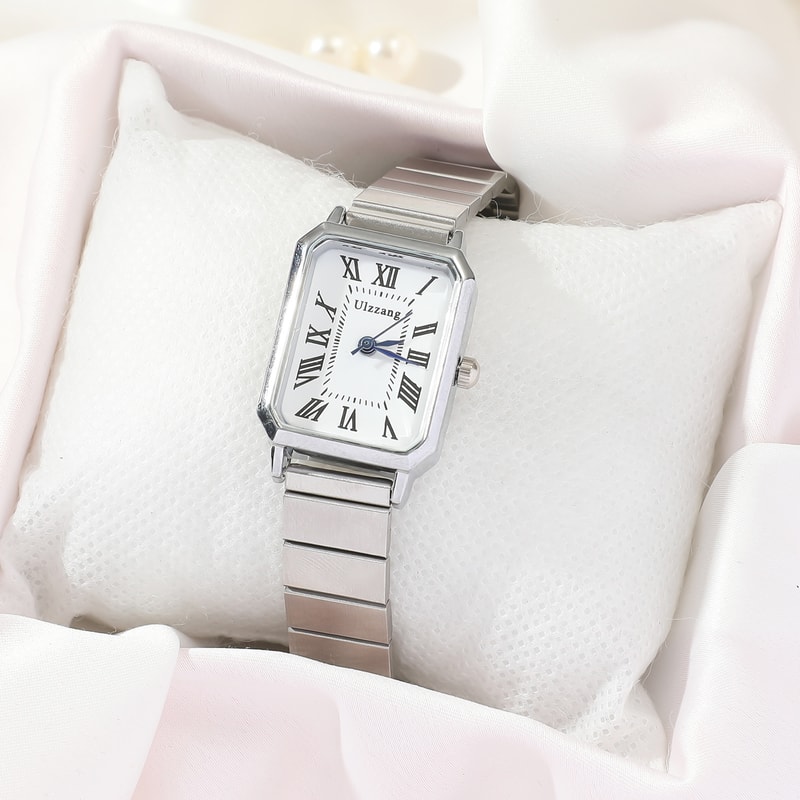 Elegant Roman Scale Dial Womens Quartz Watch with Steel Band