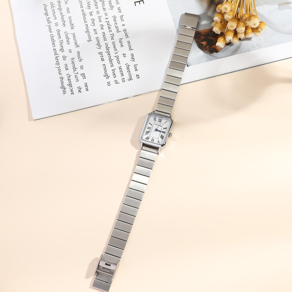 Elegant Roman Scale Dial Womens Quartz Watch with Steel Band