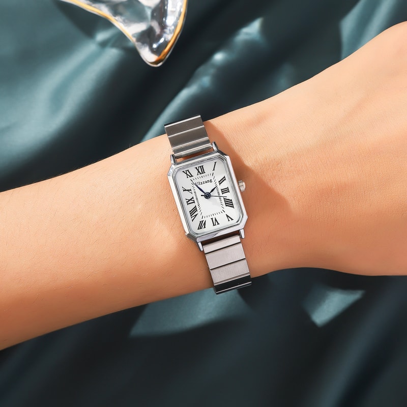 Elegant Roman Scale Dial Womens Quartz Watch with Steel Band