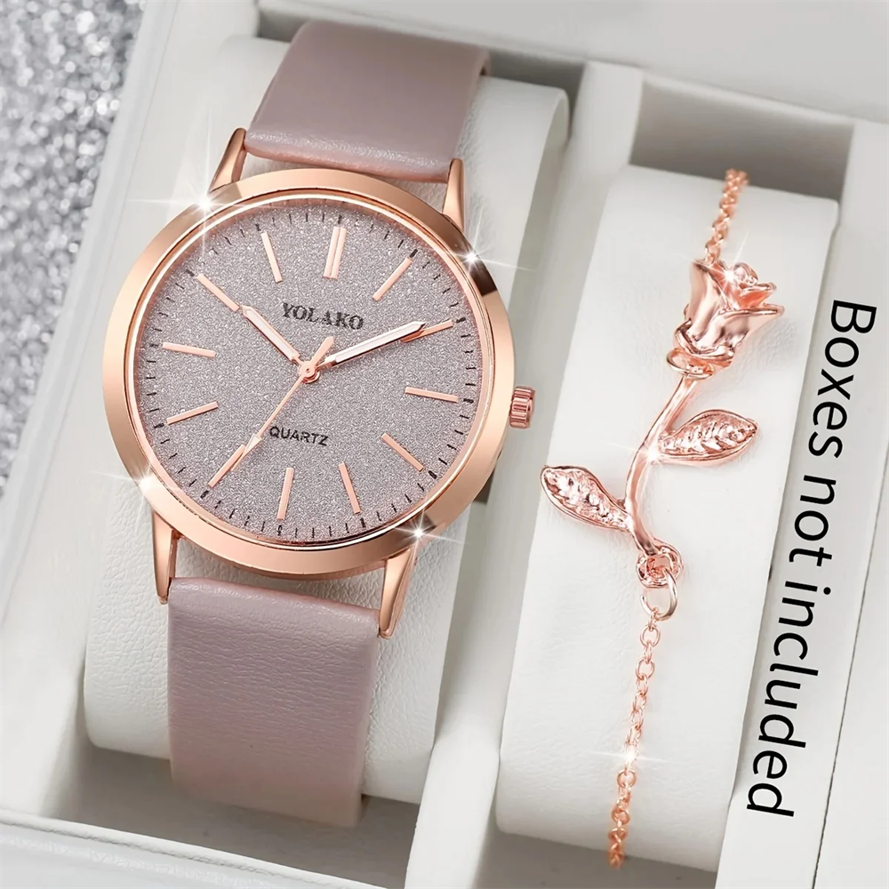 Elegant Women's Rose Flower Bracelet Watch Shiny PU Leather Analog Quartz Timepiece